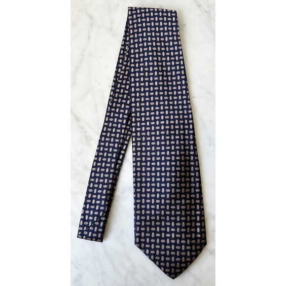 Lands' End Navy Blue  Tan Print Men's Silk Neck Tie  NEW - Picture 2 of 7